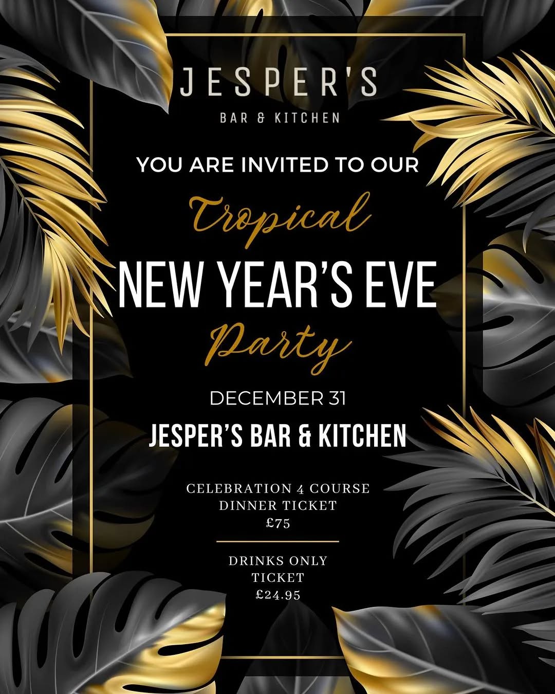 Repost: @jespersbarandkitchen_
New Year's Eve Glitzy Tropical Party
Grab your ticket to paradise and party the night away with us in true island style 😉🍍
We do things a little differently at Jesper’s, we’re always up for a good time and we want to spend the last night of 2023 celebrating with you! So get your party vibes going as we turn up the heat!
You have a choice of two tickets 🎟️ for this special evening:
✨🎟️ Ticket 1: A refined 4 course Caribbean style dinner complete with a glass of our signature Champagne cocktail on arrival and a glass of Champagne at midnight. All for £75.
✨🎟️ Ticket 2: A glass of our signature Champagne cocktail on arrival and a glass of Champagne at midnight for £24.95
This is going to be a fabulous fête with live music, delicious drinks, great food and just a really fantastic time!
✨ Book via the links in our bio or click on the events tab on our website- www.jespersbarandkitchen.co.uk
For bookings of 6 people or more, please contact us:
Email: kelly@jespersbarandkitchen.co.uk
Phone: 01423 552 844
#tropicalparty #harrogatenye #newyearsevedinner #bringon2024
#jespersbarandkitchen #harrogaterestaurants #yorkshirefoodies
#newyearseve #nye #tropicalvibes
#getyourtickets #harrogateeats #harrogateindies #yorkshire #harrogatebars #cocktails #champagne