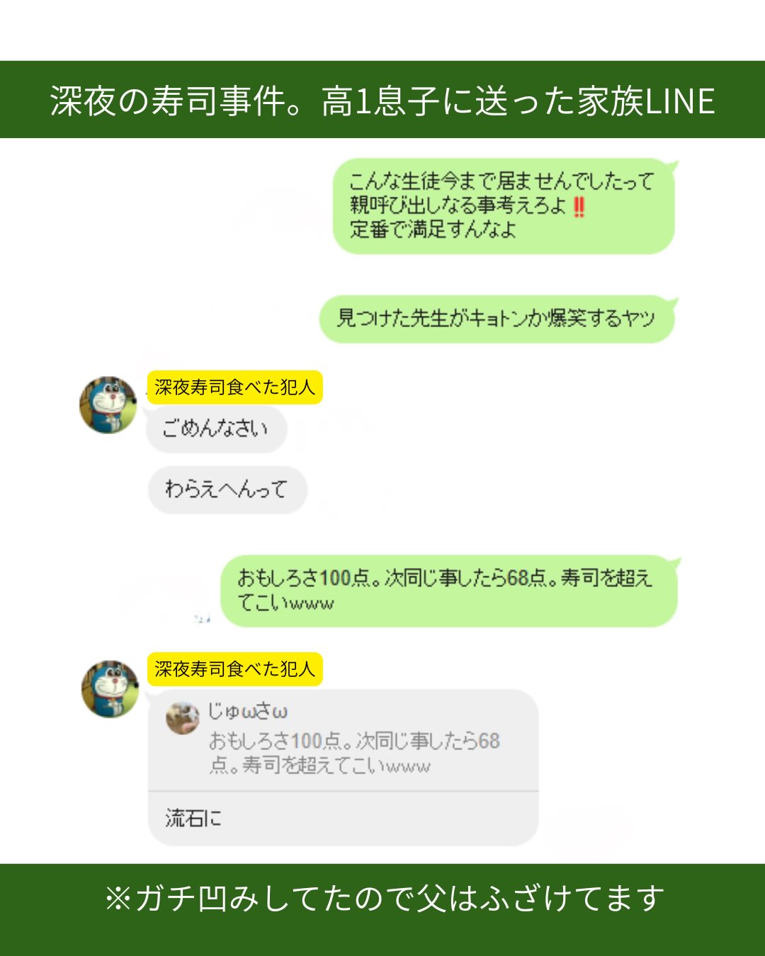 寮生活中の高1息子から、
朝からなかなかオモロい報告。
失敗したことを責めたいわけじゃなくて、
ちゃんと反省したなら、
次は笑いに変えられるくらい強くなってほしい。
先生も大変。何故こんな事注意せなあかんねん⚠️
本人も反省。この年代ってお腹すいて仕方ないですよね笑
父はなぜ寿司なのかだけが気になる。
どうせなら法事の寿司桶スタイルが面白かった(*^_^*)
大人は自己責任で当たり前に
夜中に寿司🍣も食べるし酒🍶も飲む
夜中に寿司を食べた事じゃない🍣
ルール違反をした事による
秩序崩壊防止で指導されてる事。
理解出来たら良いなぁ🤔
#親子LINE
#子育ての記録
#寮生活
#高校生男子
#コロンズファーム