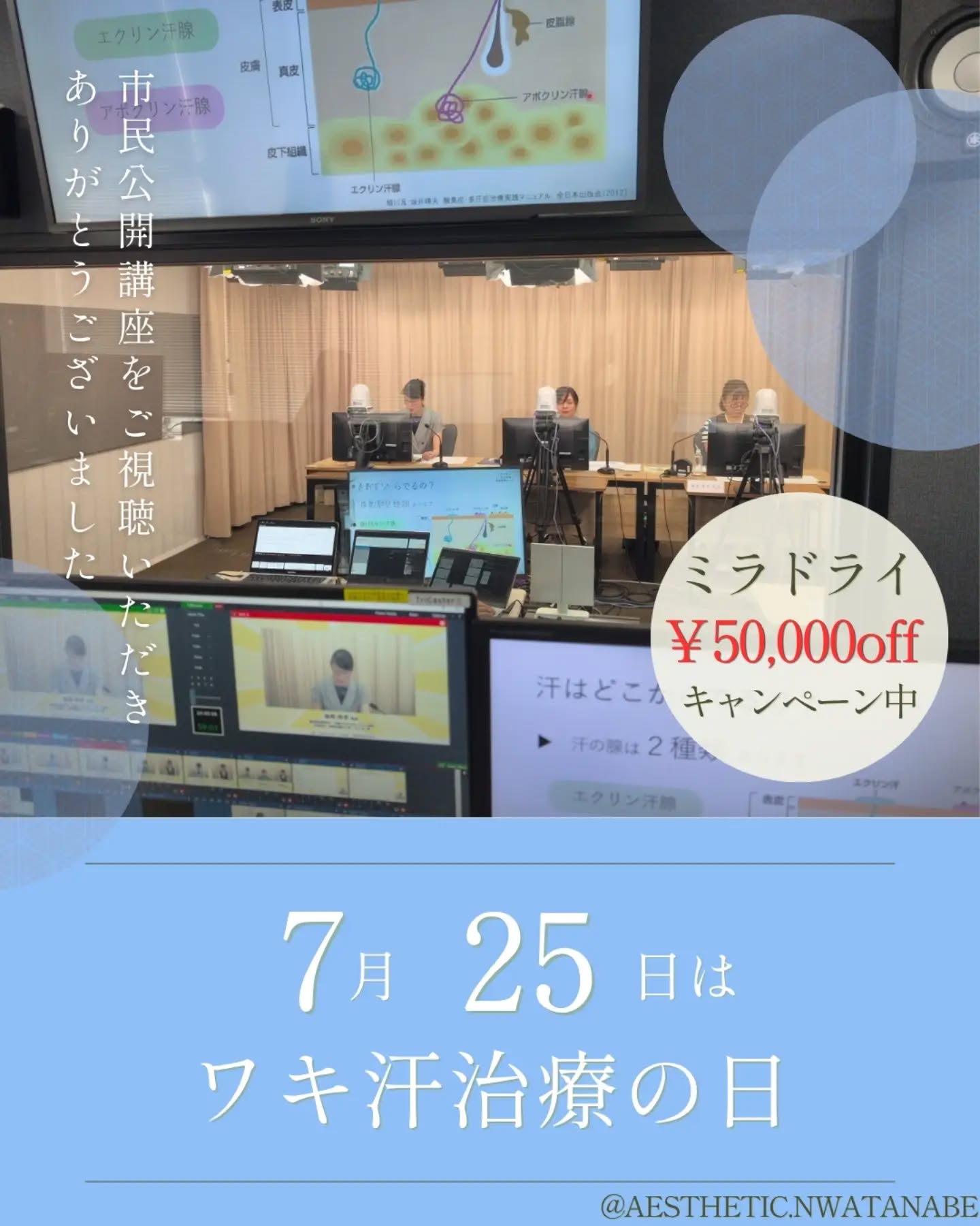【7/25はワキ汗治療の日❕📢】
西宮渡辺脳卒中・心臓リハビリテーション病院 形成外科・美容医療センターです🏥
みなさん、7月25日はワキ汗治療の日でした!
ワキ汗が多く出る症状は『原発性腋窩多汗症』という病気の可能性があります。
当センターでは、ワキ汗でお困りの方に対し、塗り薬やボツリヌス毒素の注射、ミラドライ【自費】など、お困りの症状や状況に合わせて治療をご提案しています。
毎日暑い日が続きますね☀
体温調整に汗は必要ですが、ですぎても困るのが汗です💦
皆さんが少しでも快適にお過ごしいただけるお手伝いができればと思います。
ただいまミラドライのキャンペーンしていますので、合わせてご覧ください😊
👛【ミラドライ(各コース共)】 50,000円off(2026年8月末まで)
ミラドライはワキの皮下にある汗腺を電子レンジと同じ要領でダメージを与え、発汗を抑える治療です⚡️
当院は施術を全て形成外科専門医でミラドライ認定医がしますので、安心!!
📷️この写真は7/12に行いました、日本発汗学会共催WEB市民公開講座で『多すぎる汗とニオイの話』につき講演させていただいた写真です。
沢山の方々にご視聴いただきありがとうございました🙇
【完全予約制】📞0798-39-0215
ホームページ⇒ @aesthetic.nwatanabe のプロフィールからどうぞ📱
ホームページからのご予約も可能です✉️
#日本発汗学会 #西宮渡辺形成外科美容医療センター #ミラドライ認定医 #ワキ汗治療の日 #ミラドライ